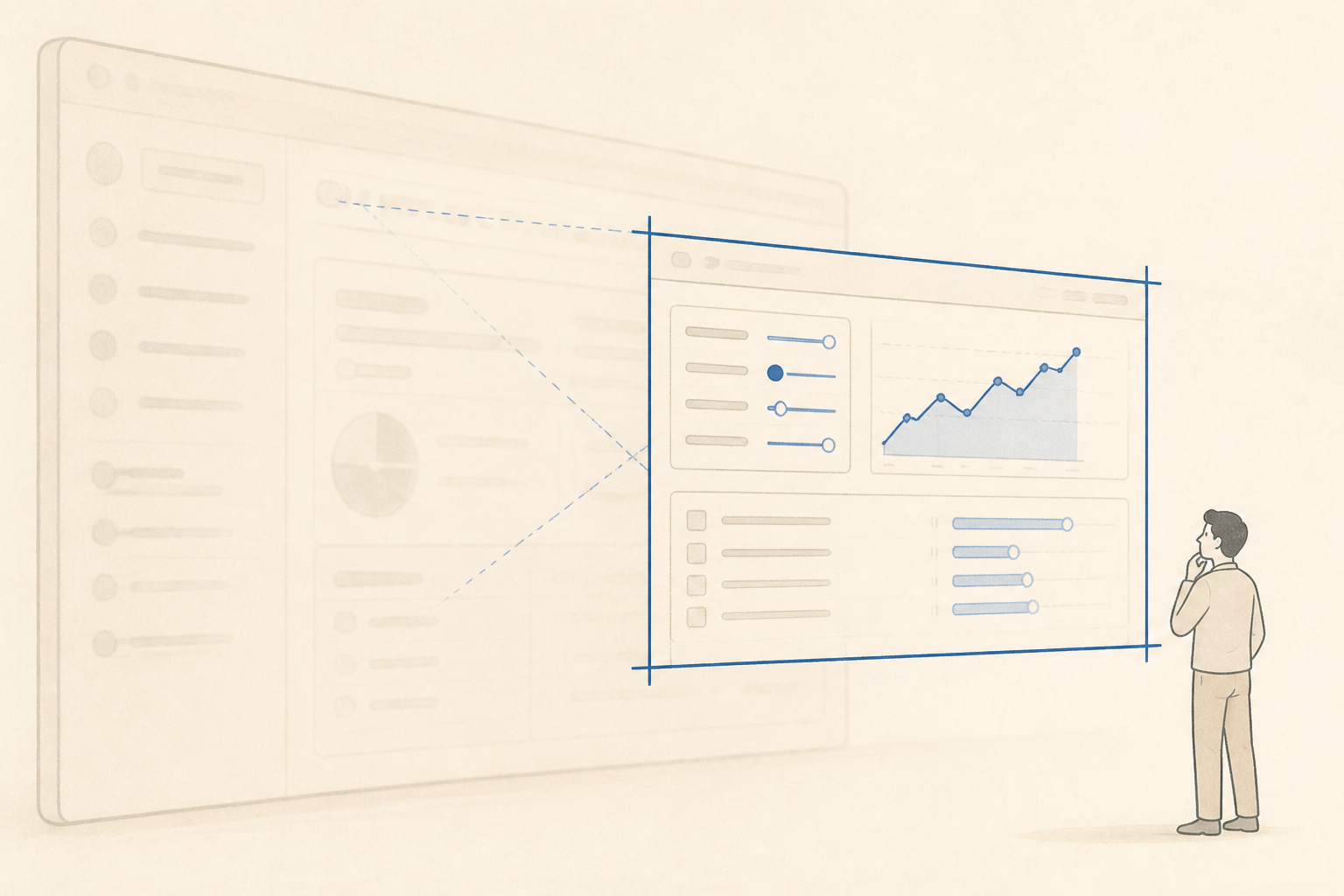 Soft illustration of a large interface with a smaller sharp viewport showing only a slice of controls.